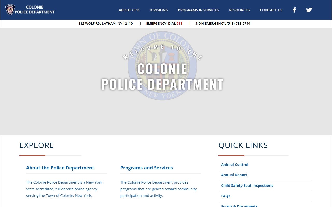 Colonie Police Department website showing services and arrest records access information